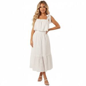VICI White Eyelet Tie Strap Tiered Midi Dress Large L